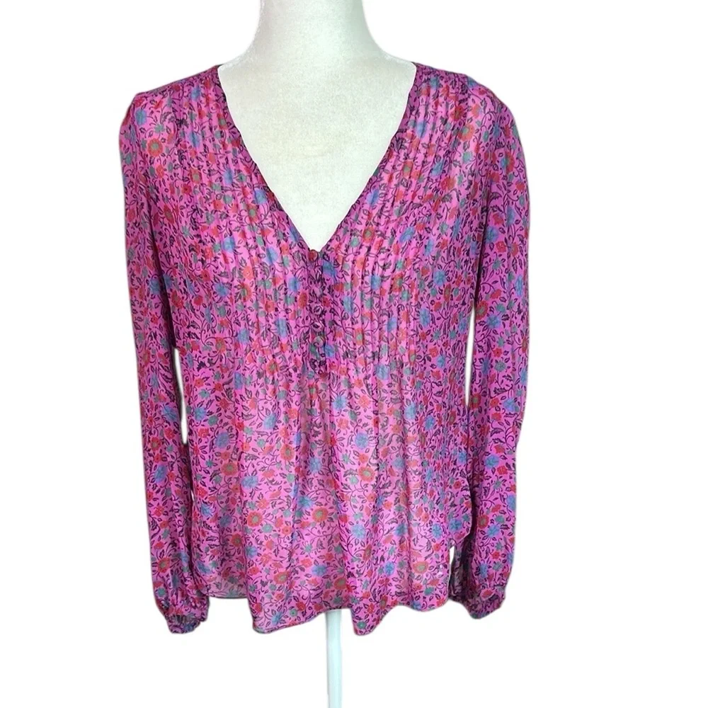 Veronica Beard Fuchsia Pink Floral Pleated Long Sleeve Silk Blouse - Picture 6 of 6